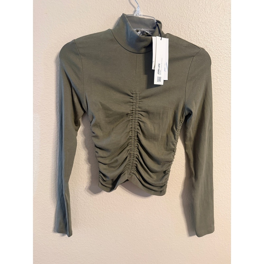 ZARA Green Ribbed Turtleneck Long Sleeve Ruched‎ Crop Top Size Medium